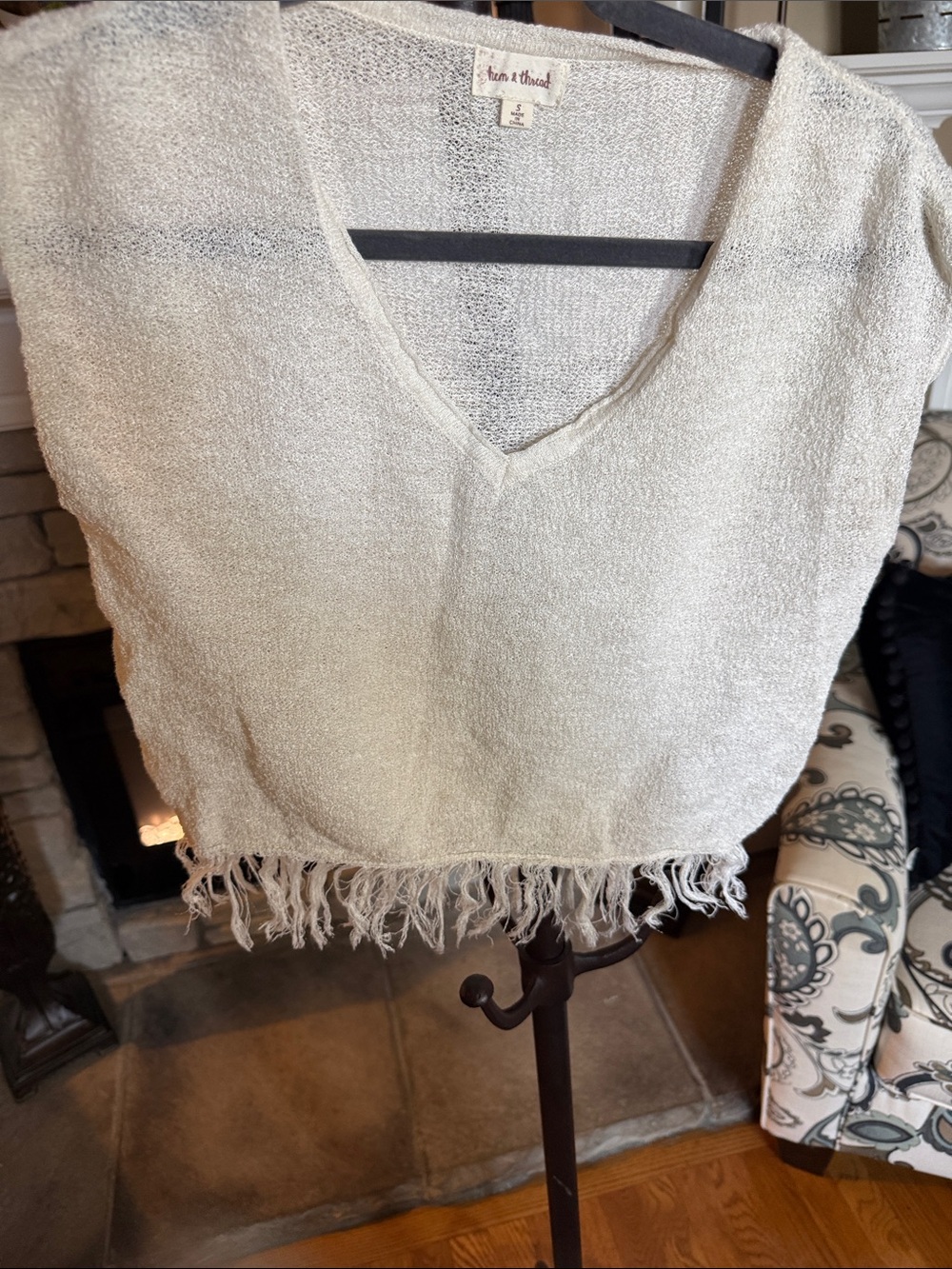 Hem & Thread Cream V-Neck Fringe Knit Sweater